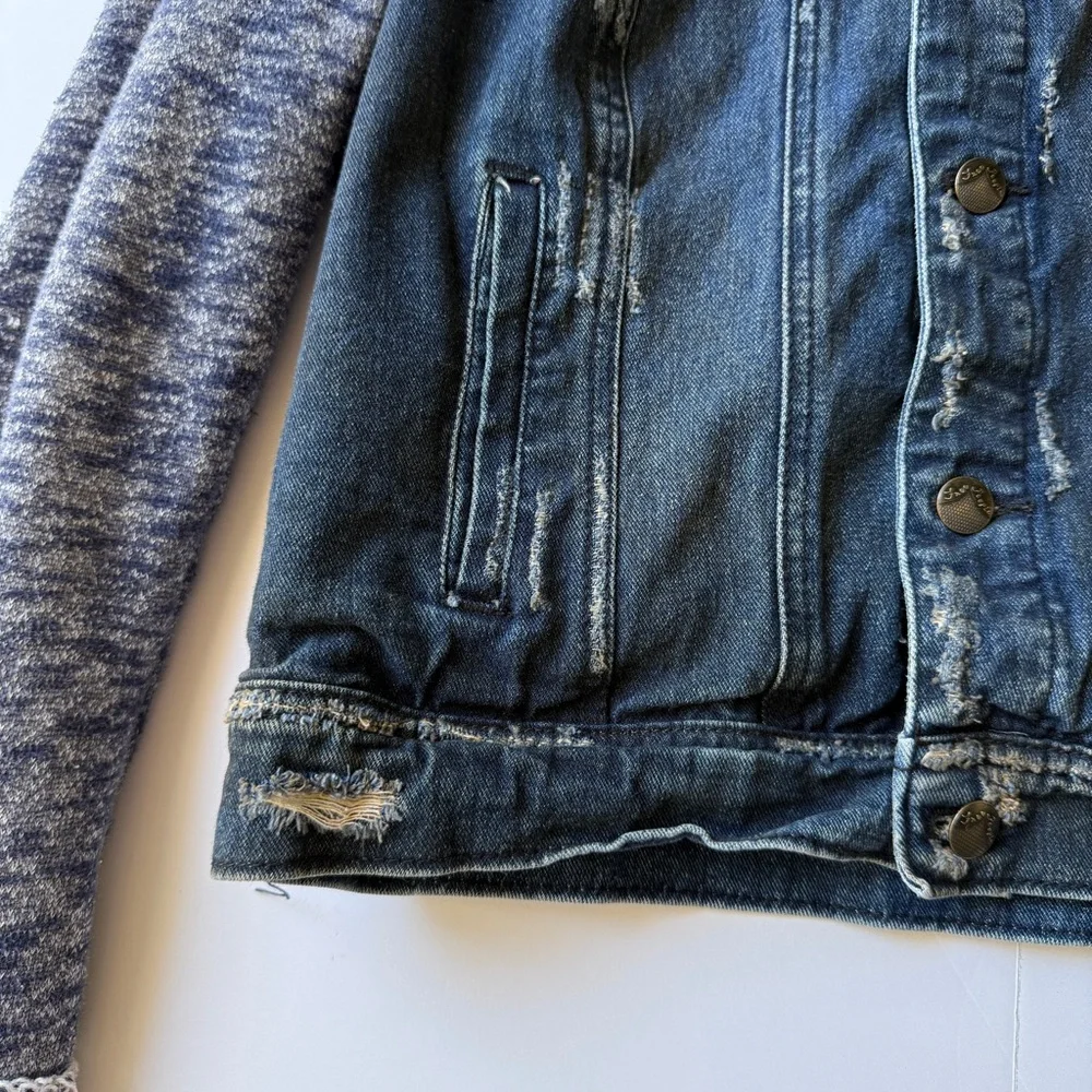 Free People Dark Denim Jean Jacket with Heathered Gray Knit Sleeves